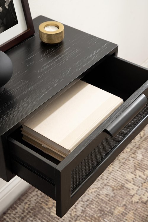Kate and Laurel Ori Transitional Cane Rattan Floating Side Table with Pull-Out Storage Drawer, 18x13x6, Black