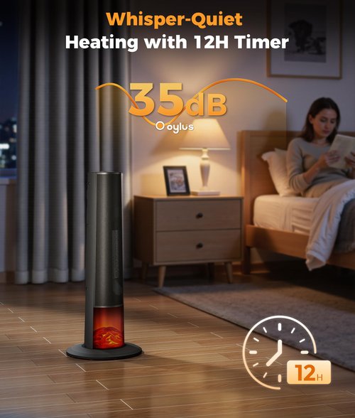 Oylus Tower Heater for Indoor Use - 25" Portable Space Heater with 3D Flame, Remote, Adjustable Thermostat, 2 Heat Modes, Multiple Safety Protection, 12H Timer, Quiet Electric Heater for Large Room