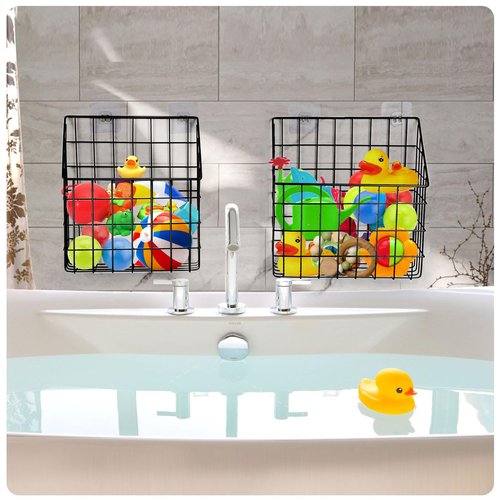2 Pack Bath Toy Storage Organizer Basket, Large Metal Bathtub Toy Holder, Wall Mounted Hanging Shower Basket, Bath Toy Organizer For Bathtub for Easy Access and Sorting Toys/Clothes/Toiletries