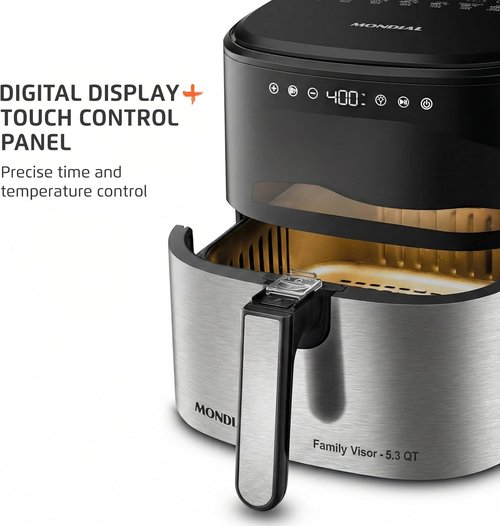 Mondial Air Fryer - Digital Visor 5.3QT Capacity | High Power & Elegant Stainless Steel Finish
