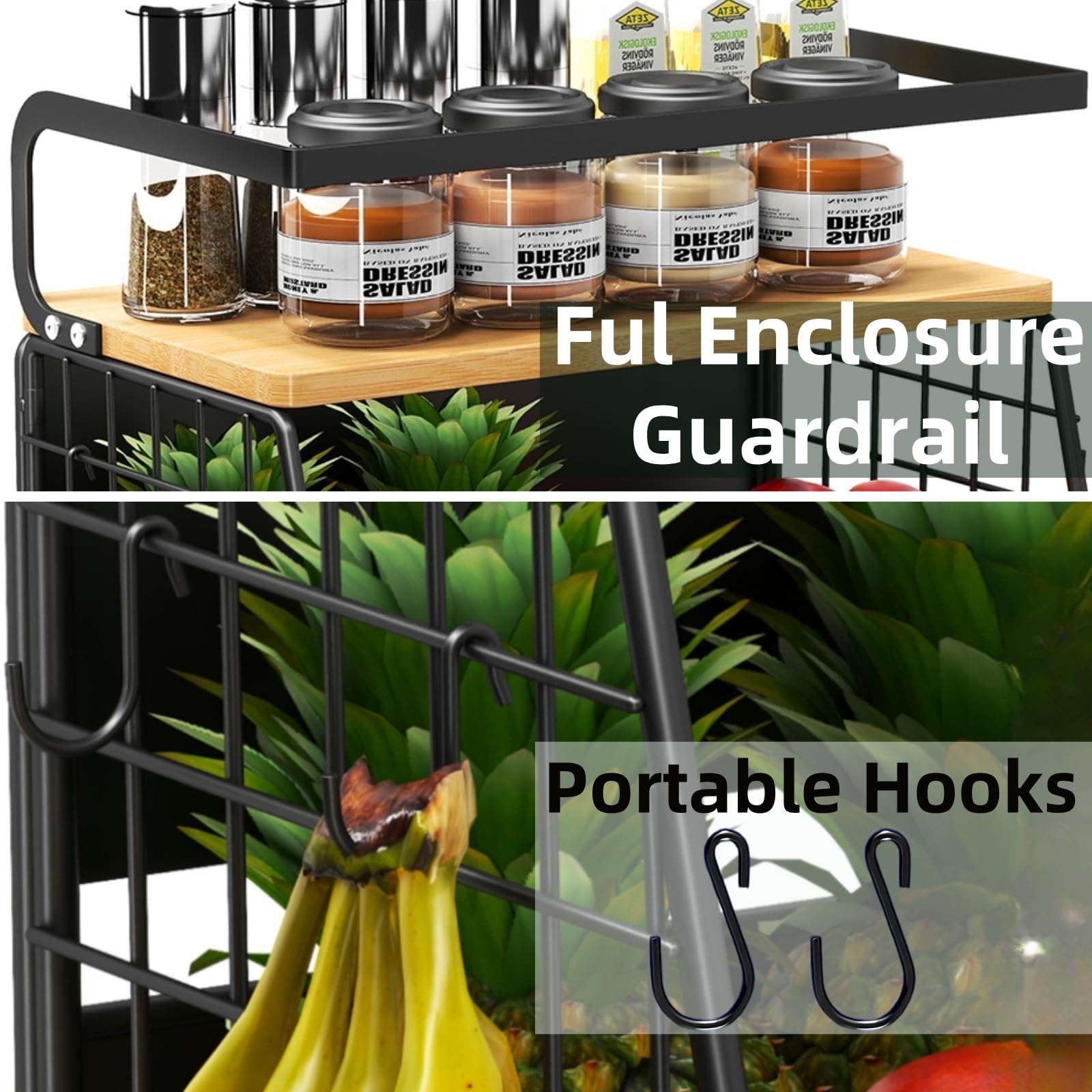 DecruKaltiz Magnetic Shelf for Fridge with Bamboo Lid,Fruit Vegetable Potato and Onion Wire Basket, Refrigerator Magnetic Spice Rack for Countertops, Cabinets, Laundry Rooms and RVs (Black, 1 Pack)