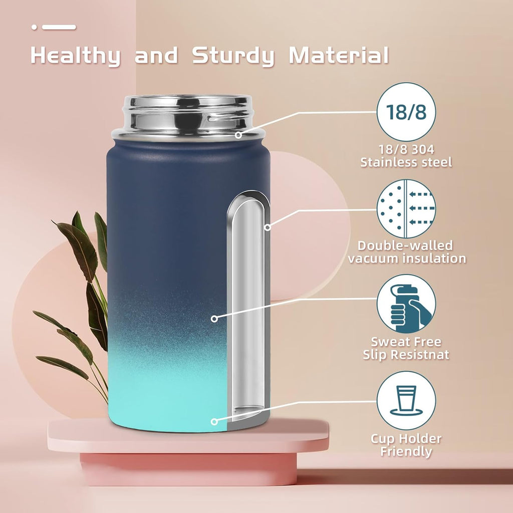 Volhoply 14oz Kids Stainless Steel Insulated Water Bottle - Leakproof Straw Lid & Silicone Boot | BPA-Free, Blue Green
