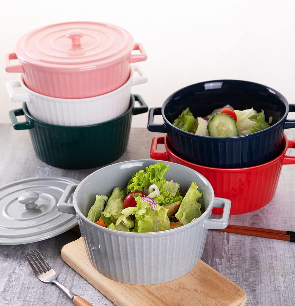 WHJY Ceramic Casserole Dish - Colorful White 1 Quart Bakeware with Lid for Oven Cooking