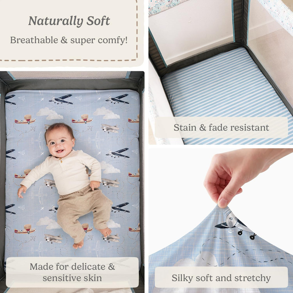 Pack and Play Sheets Fitted, Mini Crib Sheets for Graco Pack N Play Playard (38x26), Ultra Soft Cotton Blend, Safe & Snug Playpen Mattress Sheet for Baby Boys Girls, Airplane in The Clouds, 2-Pack