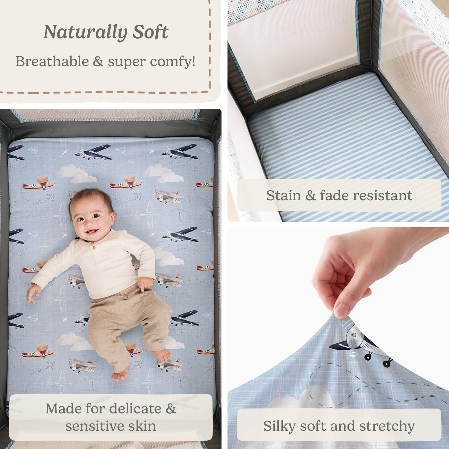 Pack and Play Sheets Fitted, Mini Crib Sheets for Graco Pack N Play Playard (38x26), Ultra Soft Cotton Blend, Safe & Snug Playpen Mattress Sheet for Baby Boys Girls, Airplane in The Clouds, 2-Pack