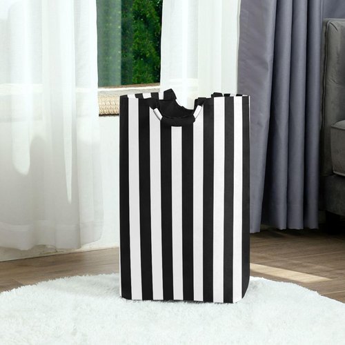 Large Laundry Hamper, White and Black Stripe Laundry Basket Foldable Clothes Bag with Handle Foldable Washing Bin