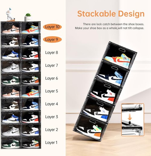 Amllas Shoe Storage Organizer - Stackable 8 Pack with Lids | Fits Up to US Size 13 Sneakers (13”x 10.6”x 8.3”)