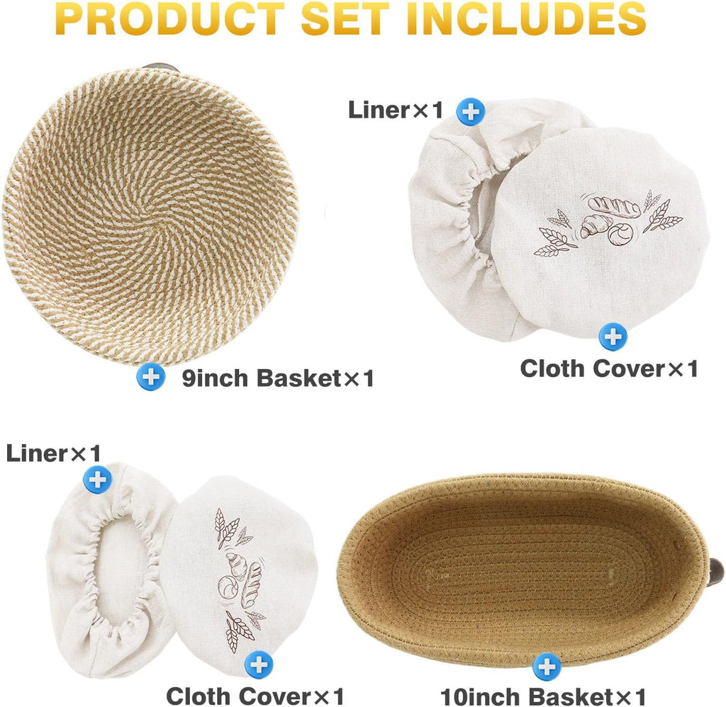 Nikkar Banneton Bread Proofing Basket Set - Round & Oval Cotton Rope Bowls, 9-11 Inches, Perfect for Sourdough Baking
