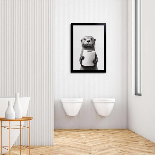 ILLBDR Bathroom Wall Art - Humorous Black and White Otter Canvas Print | Framed 8"x10" Decor