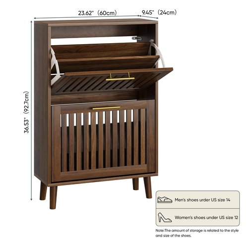 Smart FENDEE Shoe Cabinet with 2 Flip Slatted Drawers, Farmhouse Slim Shoe Organizer Rack with Golden Handles, Freestanding Hidden Entryway Storage for Hallway, Walnut