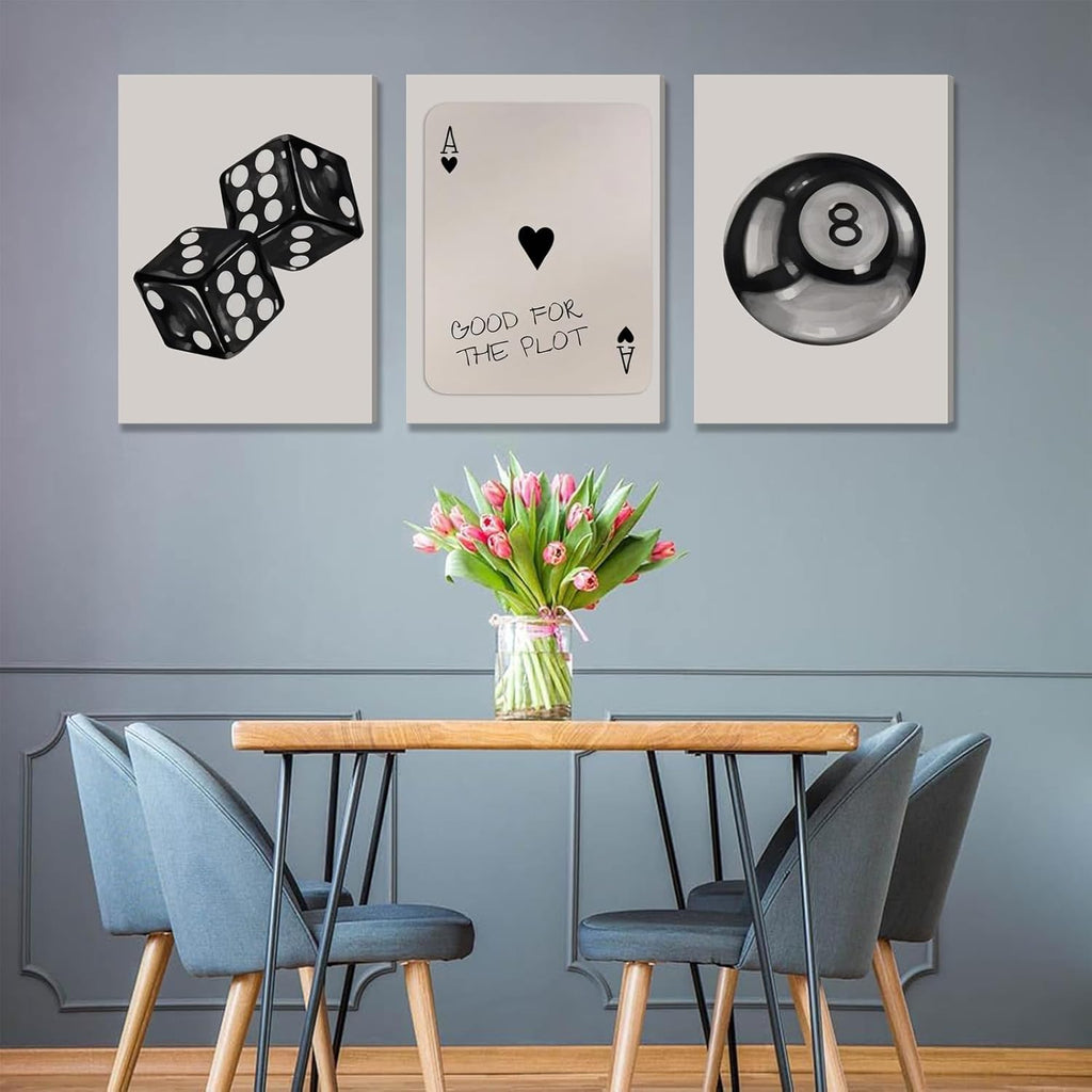 Skiennix 3Pcs Black & White Poker Dice Canvas Wall Art - Retro Y2K Aesthetic Decor | 12x16in Prints for Game Room