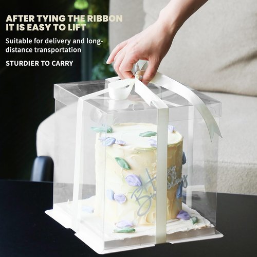 FZJ 24 Pcs Clear Gift Box with Ribbon 2-Layer 6.7x6.7x7.8 Inch, Transparent Cake Carrier Box with Lids, PET Tall Cake Packaging Boxes, Clear Gift Boxes for Birthday,Wedding and Festival Party