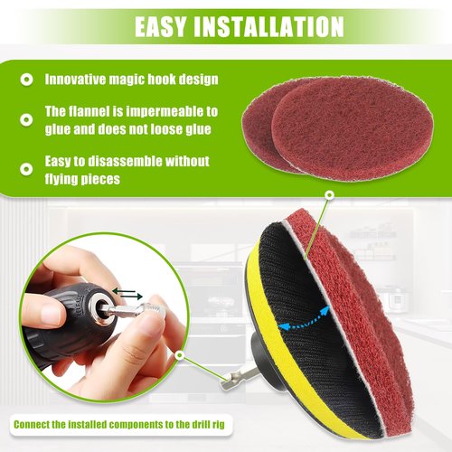 EPLZON 4 Inch Scrub Drill Brush Power Scouring Pads Household Cleaning Set for Kitchen Bathroom 4 Red Pads 4 Green Pads 1 Drill Attachment and 1 Universal Shaft