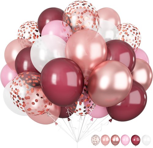 **Skiennix 60-Pack Burgundy Red & Pink Balloons - 12-Inch Latex & Metallic Confetti for Parties**