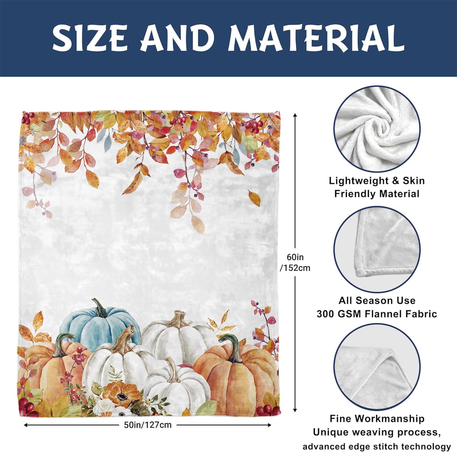 PAOPOED Fall Pumpkins Throw Blanket, Thanksgiving Autumn Maple Leaves Watercolor Blanket for Bed Sofa Travel and Camping, Super Soft Cozy Fluffy Plush Blanket for All Seasons, 50" x 60"