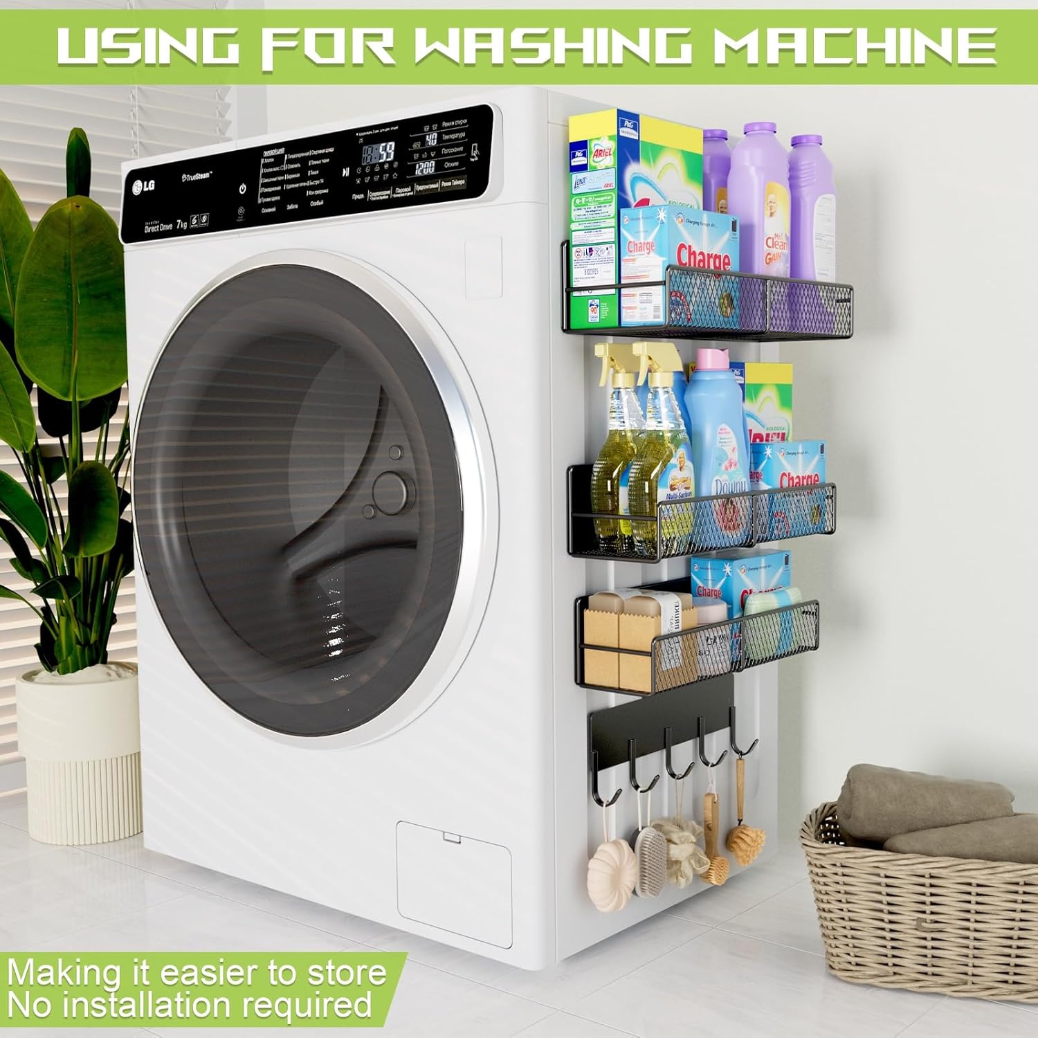 Skiennix Magnetic Shelves - Heavy-Duty Laundry Organizer with Hooks | 4 Pack, Black Metal Storage Baskets
