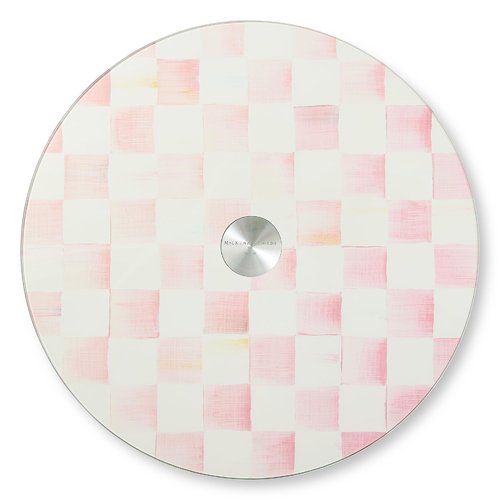 MACKENZIE-CHILDS Glass Lazy Susan, Cute Rotating Serving Board, Pink-and-White Rosy Check