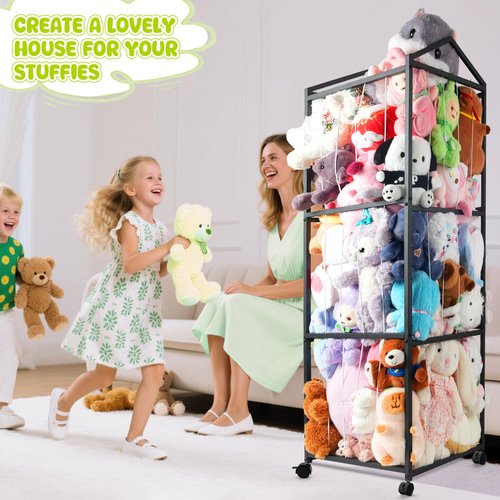 NomNest Stuffed Animal Storage Plushies Storage, Toy Storage Organizer Giant Stuffed Animal Zoo Holder, Sturdy Metal Toy Shelf Teddy Bear Storage Bedroom Organization ( Wheeled, Black)