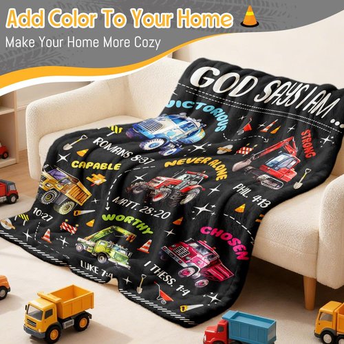 Kids Christian Truck Blanket for Boys - God Says I Am Construction Trucks Bible Verse Gifts for Truck Tractor Lovers Toddlers - Super Soft Flannel Throw Sheets 50" x 40" Decor for Crib Nap Couch Sofa