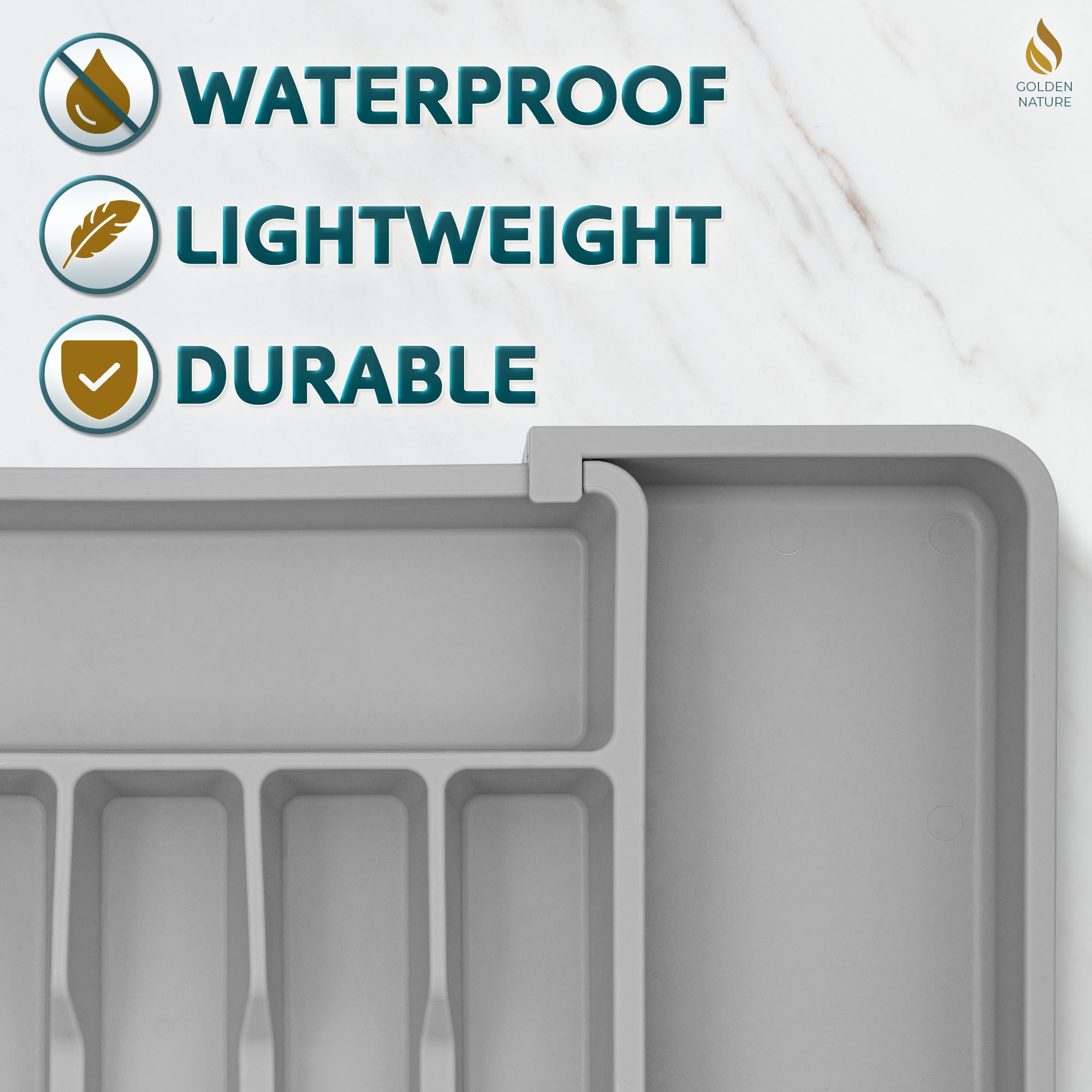 Golden Nature Kitchen Drawer Organizer for Silverware, Utensils, Cutlery (15x13.1 inch Expands to 15x22.2 inch, Gray), Expandable Flatware Holder for Drawers
