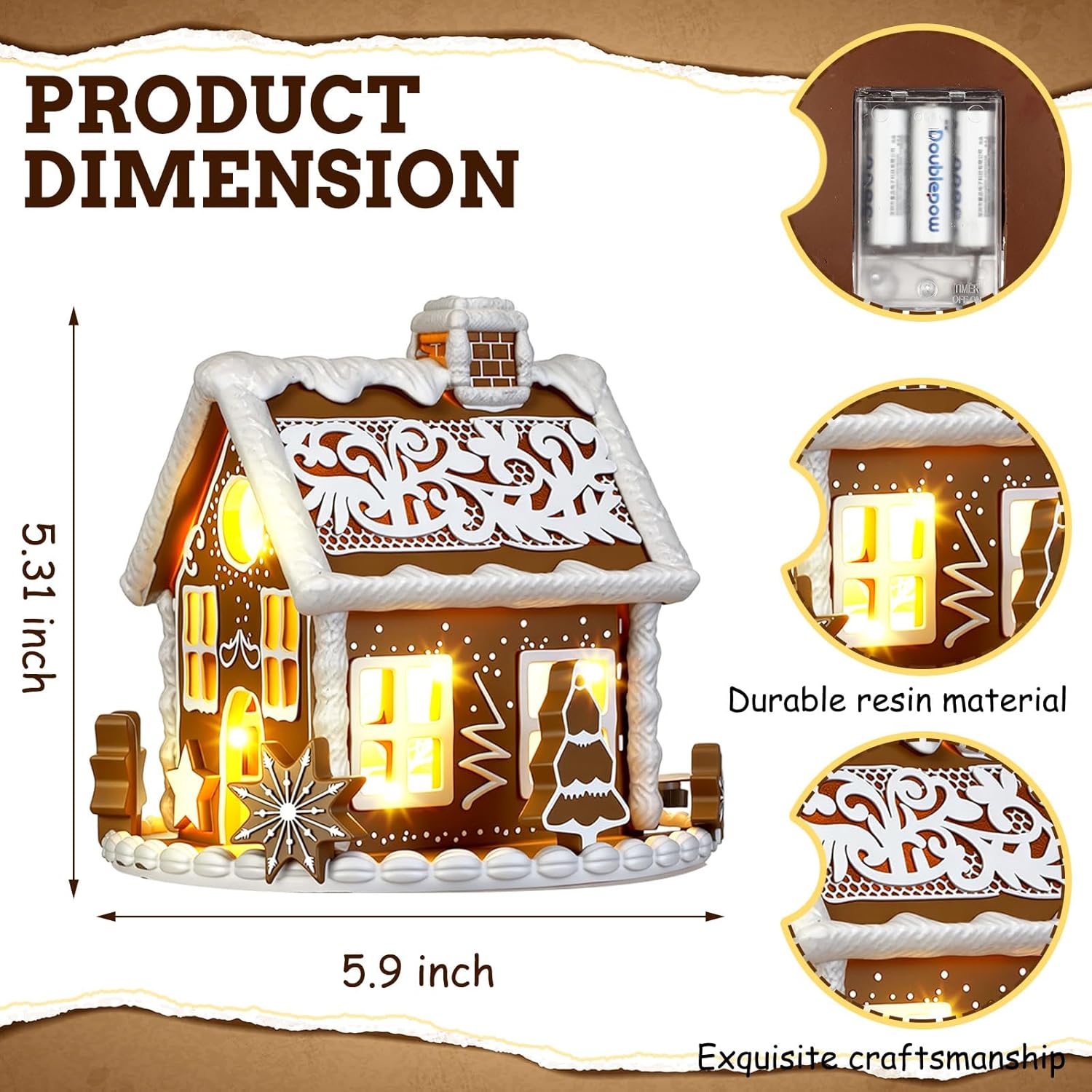 Wesiti Gingerbread House Decor - Lighted 6-Inch LED Christmas Decoration for Indoor Festive Display