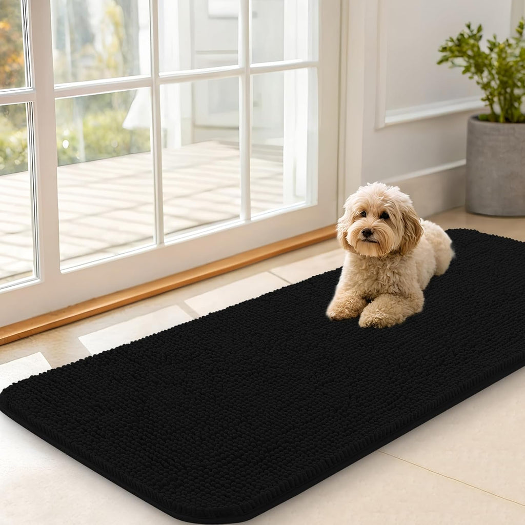 OLANLY Dog Door Mat - Absorbent Non-Slip Chenille Mat for Muddy Paws | 47x20 Inches, Quick Dry, Black