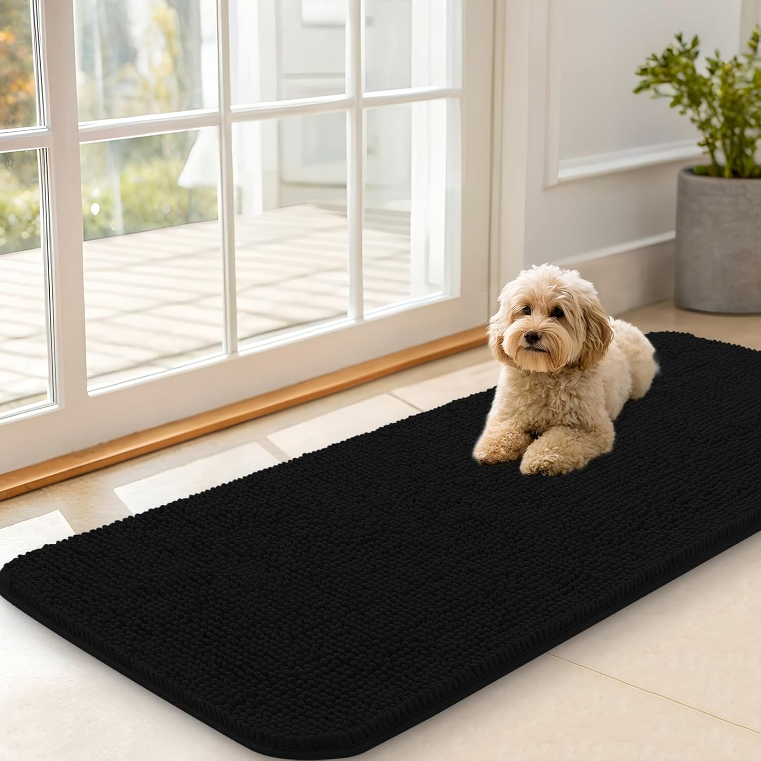 OLANLY Dog Door Mat - Absorbent Non-Slip Chenille Mat for Muddy Paws | 47x20 Inches, Quick Dry, Black