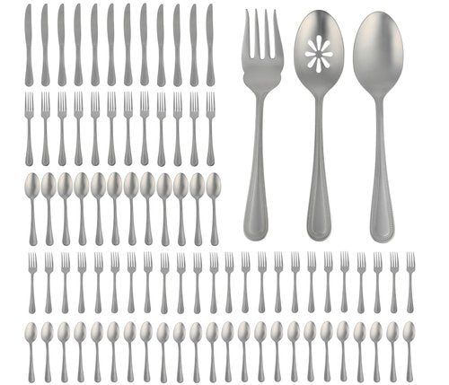 Gibson Home Sinta 87-Piece Stainless Steel Flatware Set with Bead Border Design – Service for 12 Plus Serving Utensils, Polished Silverware, Dishwasher Safe