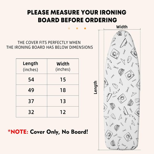 Seiritex Ironing Board Cover and Pad Standard Size 15 x 54 inch, Heat Reflective with Hook and Loop Fasteners, Thick Padding with Elasticized Edges, 3 Layers Iron Board Cover (White)