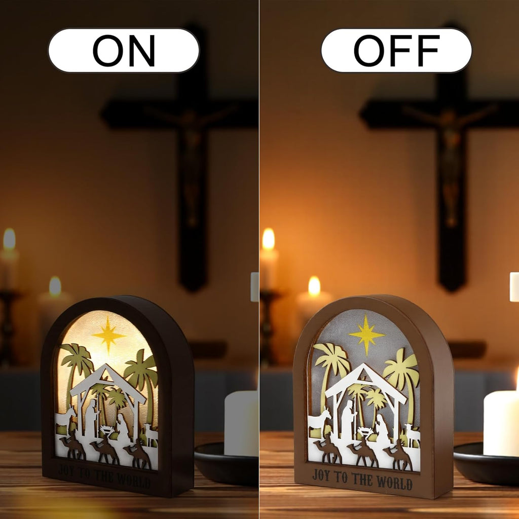 Wooden Nativity Scene | LED Christmas Decor with Acrylic Back Panel - Battery Powered Tabletop Ornament