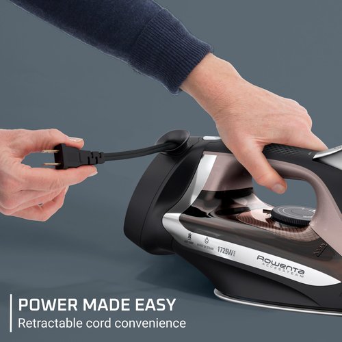 Rowenta Access Stainless Steel Soleplate Steam Iron with Retractable Cord, Powerful Steam Diffusion, Auto-Off and Anti-Drip, 1725 Watts, Black Clothes Iron, DW2459