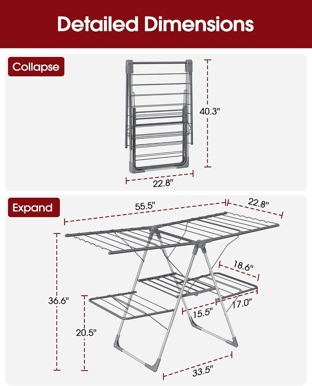 Sakugi Clothes Drying Rack - Foldable 2-Level Design with Height-Adjustable Wings | Space-Saving Indoor & Outdoor Use, Gray, 55.5" L × 22.8" W