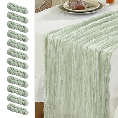 Le courant 12pcs 10Ft Cheesecloth Table Runner, Rustic Boho Gauze Cheese Cloth Runner Table Runner for Weddings Bridal Baby Shower Birthday Holiday Parties Home Decor, Sage Green