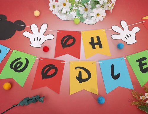 HUHJRUAR Oh Twodles Birthday Banner, Mouse 2nd Birthday Decorations, Girl 2nd Party Banner, 12 inches by 8 inches, Banner-1