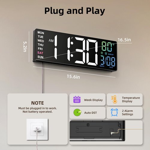 EASYERA 16.5" Large Digital Wall Clock with Anti-Glare Display, RGB Lights with 10 Scenes Mode Remote Control, Adjustable Brightness, Dual Alarms, Auto DST, BT Sync, Temperature for Living Room