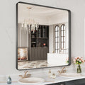LOAAO Black Metal Framed Bathroom Mirror - 28x32 Inch, Matte Black, Anti-Rust, Versatile Hanging Options