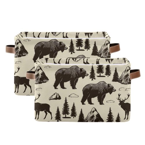 Aslsiy Storage Basket Vintage Deer Bear Moose Nursery Bins National Park Baby Box Canvas Clothes Shelf Basket Laundry Hamper for Home Closet 1 Pcs