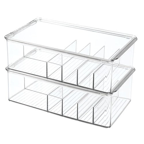 mDesign Stackable Plastic Storage Organizer Container for Kitchen Cabinets, Pantry, Countertops - Holds Kids, Child/Toddler Mealtime Sets, Small Accessories - 6 Sections - BPA Free, 2 Pack - Clear