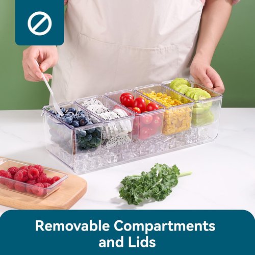 2 Pack Chilled Condiment Tray Server with 5 Containers and Removable Compartments, Large Ice Condiment Organizer, Clear Garnish Serving Platter for Kitchen, Fruit, Salad, Food, Bar Accessories