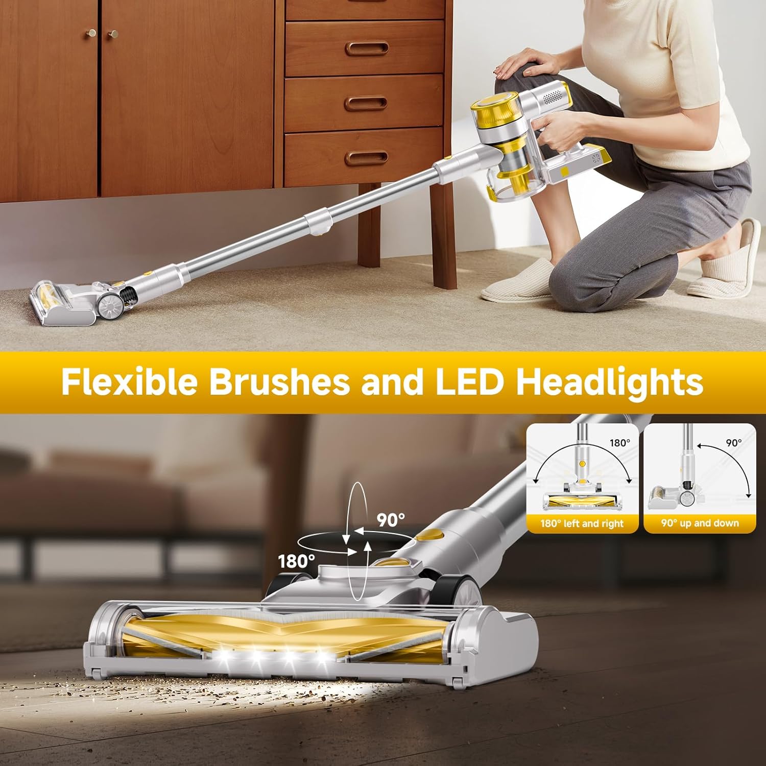 Skiennix Cordless Vacuum Cleaner - 35Kpa Powerful Suction | 45-Minute Runtime, LED Display, Anti-Tangle, Wall Mount - Yellow