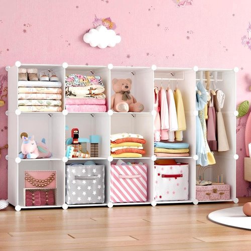 deijiner Modular Baby Wardrobe Closet, Portable Children Organizers and Storage for Nursery,15 Cubes with Hanging Rods,Multi-Functional Kids Storage Shelf-Bedroom Clothes Armoire (Boys & Girls)