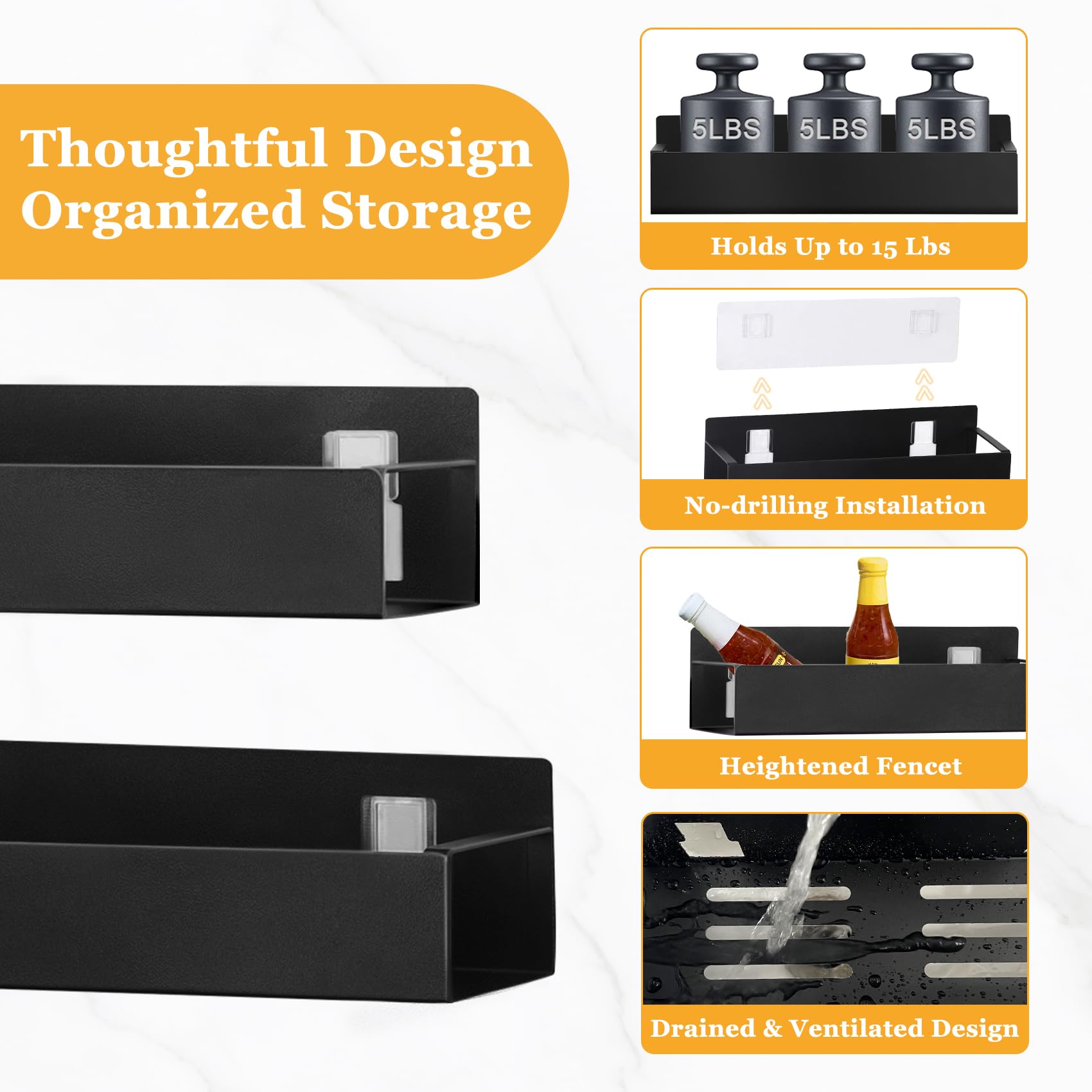 SYLLENHOD Kitchen Spice Rack for Wall: 2 Packs Black Adhesive Spice Racks Wall Mount - 11.8" Large Hanging Storage Organizer Cabinet Without Drilling for Work Room Bathroom Shelves