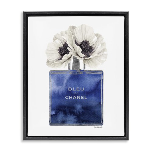 Stupell Industries Fashion Designer Perfume Flower Blue Watercolor, Design by Amanda Greenwood, Black Floater Framed, 24 x 30