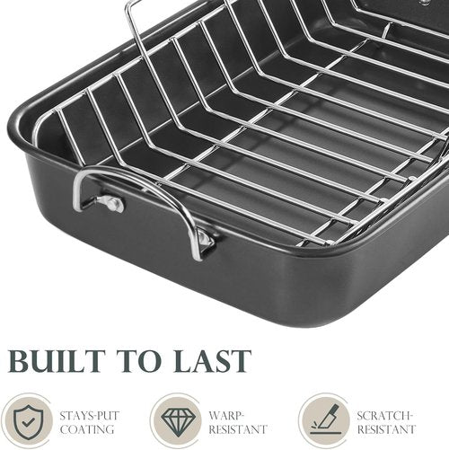 KITESSENSU Nonstick Roasting Pan - Heavy Duty Turkey Roaster with Rack, 15 x 11 Inch, Gray
