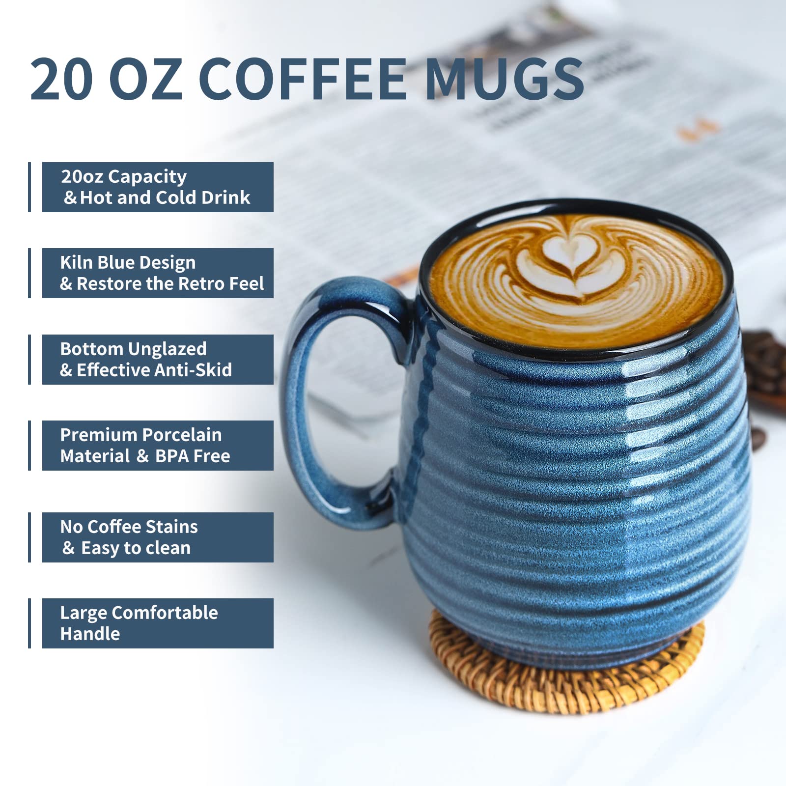 HASENSE Coffee Mug, 20 oz Ceramic Coffee Cup for Men and Women, Large Coffee Mug for Latte Coffee Tea Soup for Office and Home, Dishwasher and Microwave Safe, 1 PCS (Blue)