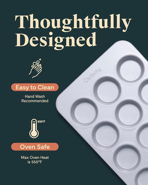 Caraway Non-Stick Ceramic Muffin Pan - 12-Cup Design with Naturally Slick Coating - Non-Toxic & PTFE Free - Ideal for Cupcakes & Muffins - Perracotta