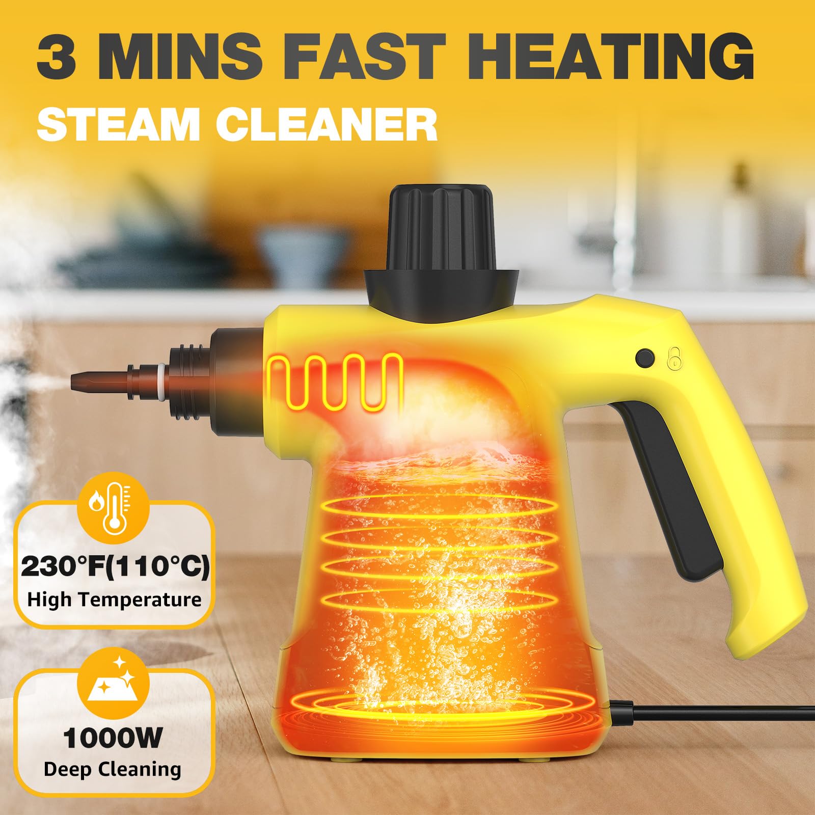 AOTER Pressurized Handheld Steam Cleaner, Portable Multi-Surface Cleaner for Home, Multipurpose Steam Cleaner for Tile, Grout, Windows, Bathroom, with 12pcs Accessories (Yellow)