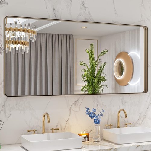 LOAAO Bronze Bathroom Mirror - 60”x28” Rounded Rectangle Design, Anti-Rust Metal Frame, Tempered Glass