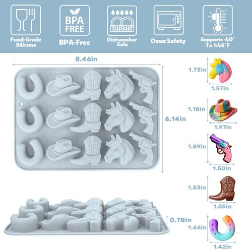 Cowboy Chocolate Molds, 2 Pcs Western Silicone Candy Fondant Mold, Cowboy Hat Boot Horse Saddle Shaped Mould, for DIY Baking Cupcake Cake Party Desserts Decorations (Light Blue)