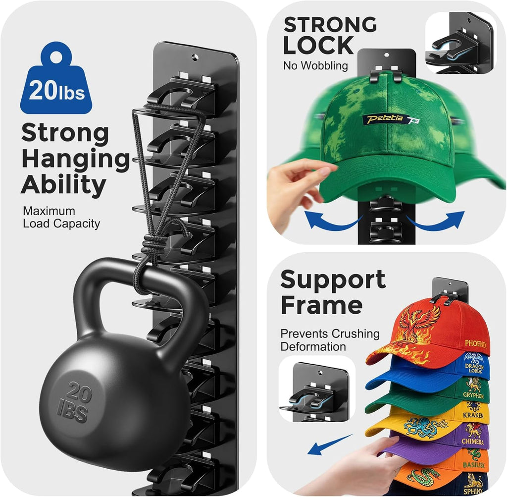Skiennix Hat Hook Organizer - 2 Pack Baseball Cap Hanger with Strong Adhesive | Multi-Layer Storage for 20 Caps - Black